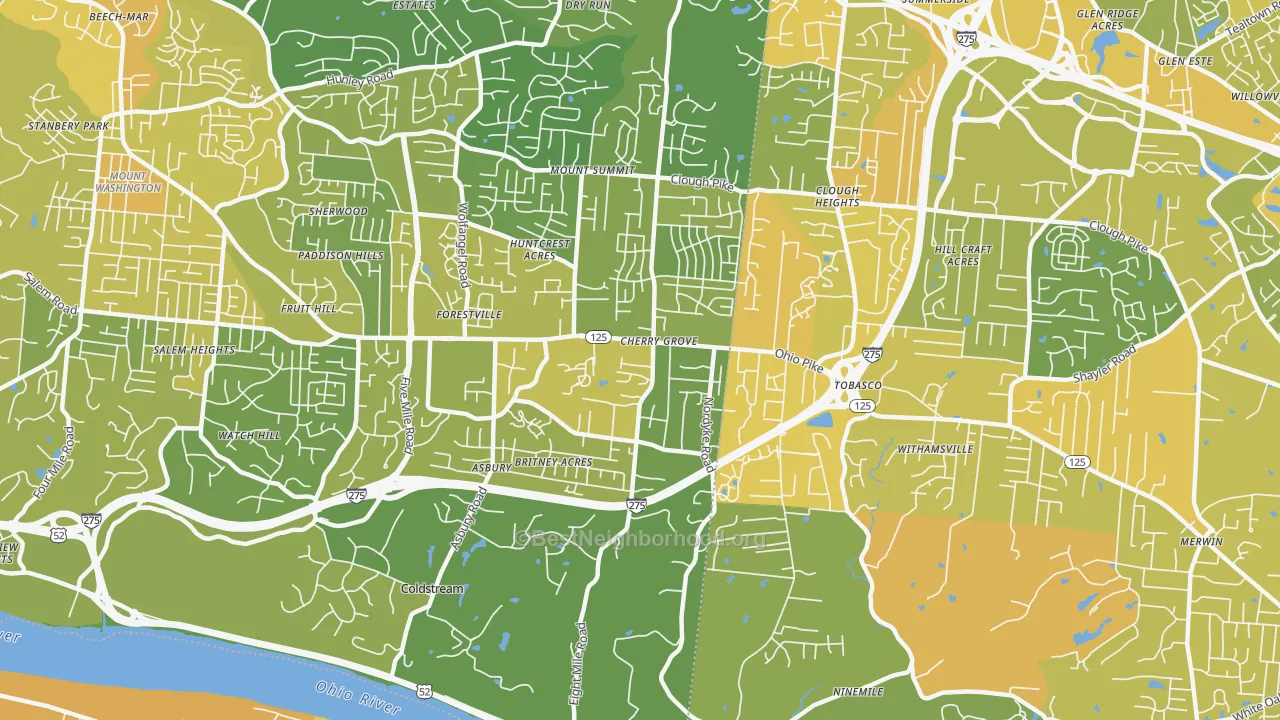 Map of the best neighborhoods in the 45255 area, with better matches in green and worse matches in red