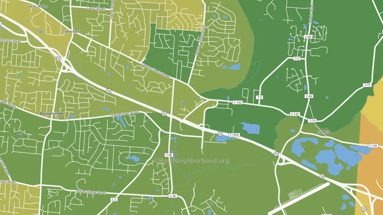 Map of the best neighborhoods in the 45301 area, with better matches in green and worse matches in red
