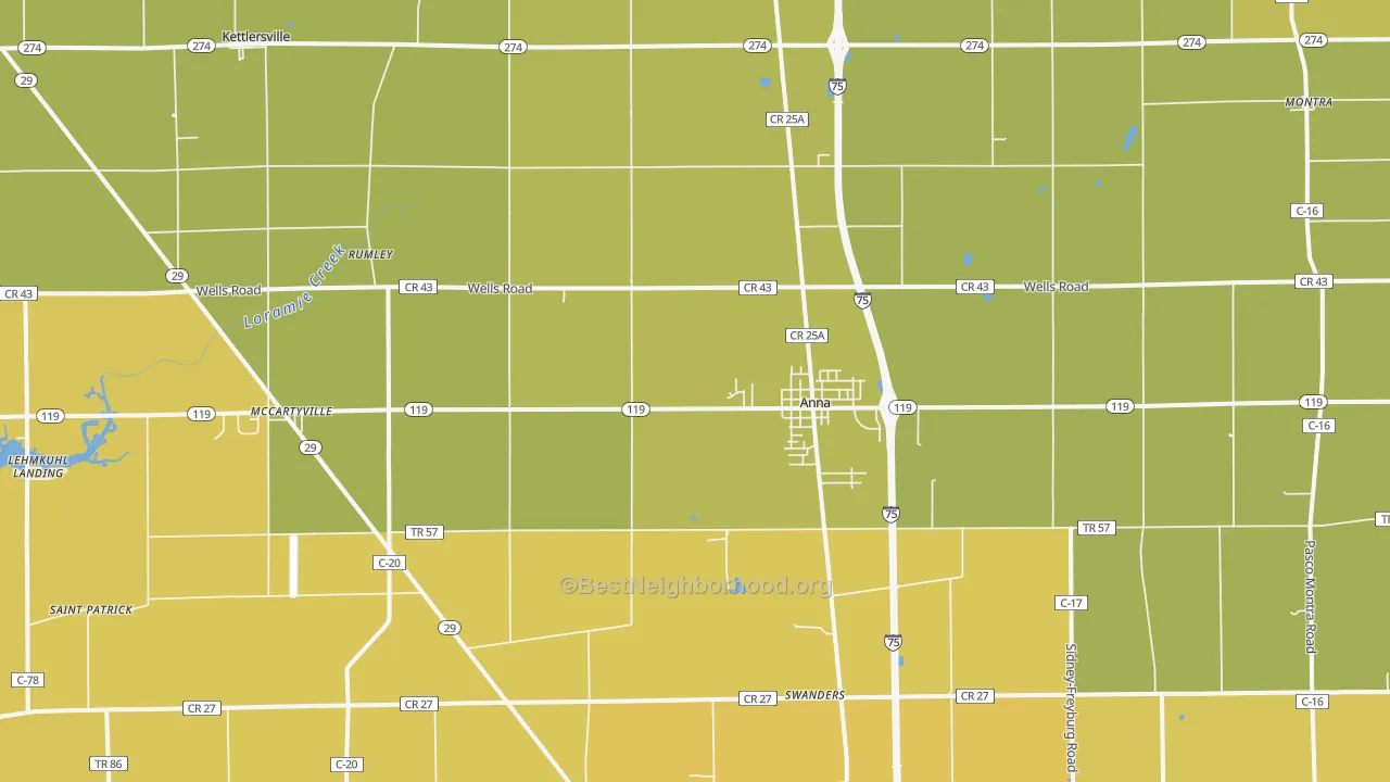 Map of the best neighborhoods in the 45302 area, with better matches in green and worse matches in red