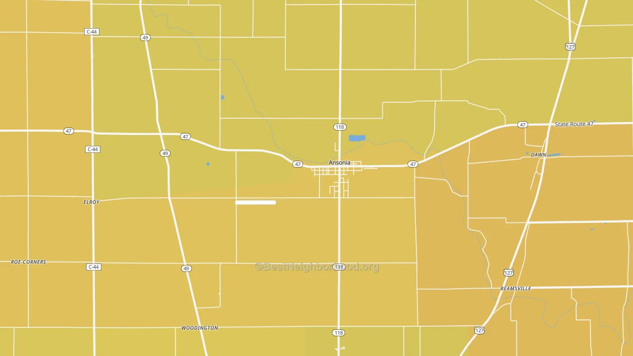 Map of the best neighborhoods in the 45303 area, with better matches in green and worse matches in red