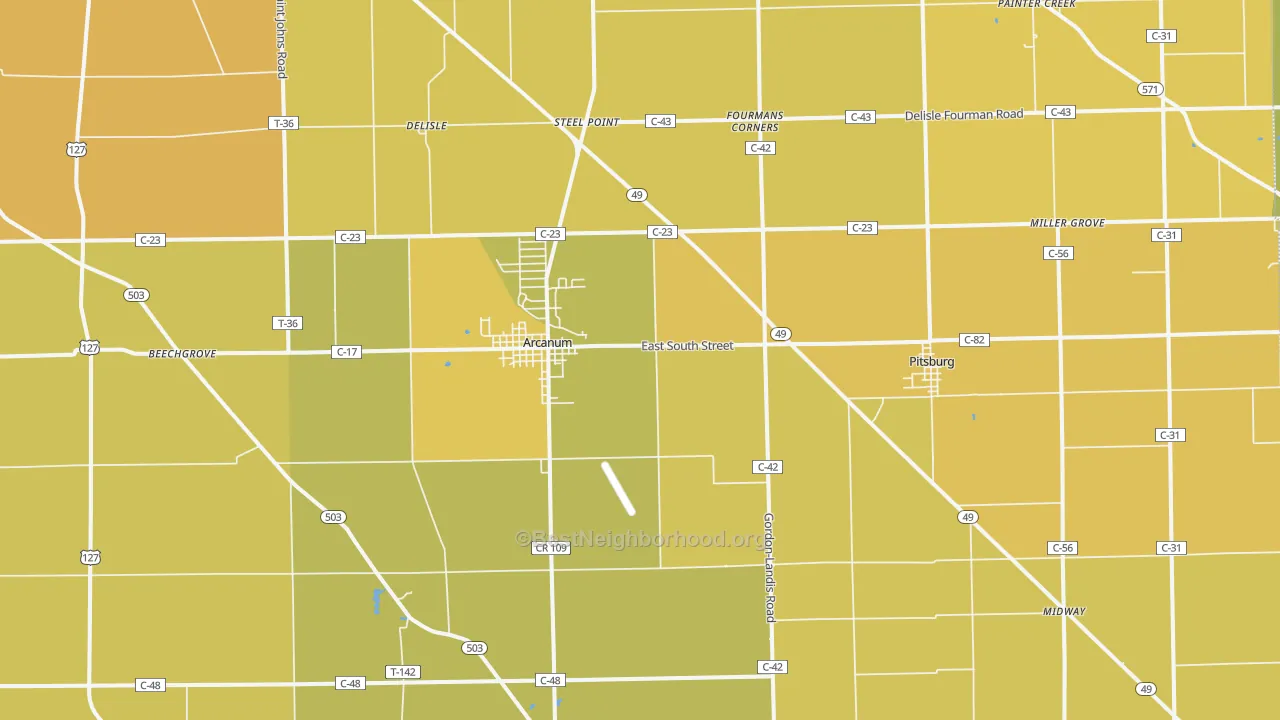 Map of the best neighborhoods in the 45304 area, with better matches in green and worse matches in red