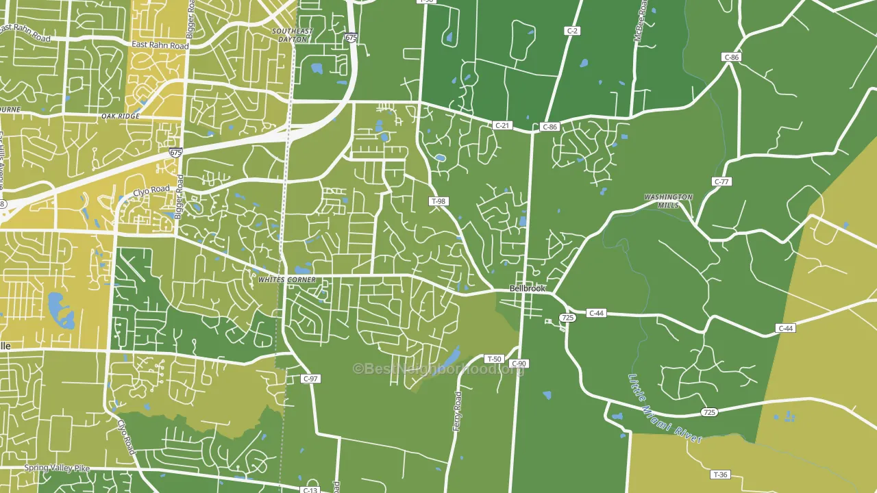 Map of the best neighborhoods in the 45305 area, with better matches in green and worse matches in red
