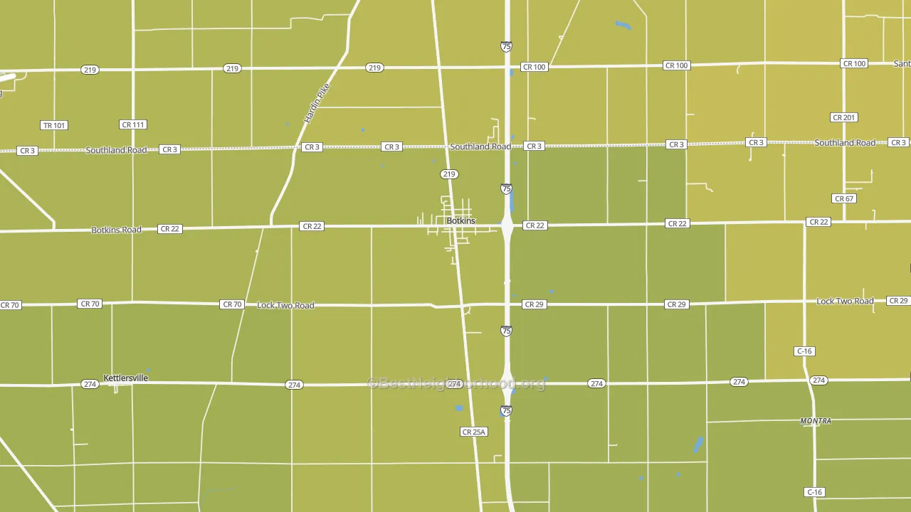 Map of the best neighborhoods in the 45306 area, with better matches in green and worse matches in red