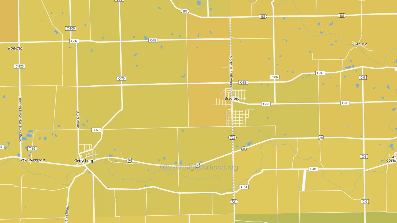 Map of the best neighborhoods in the 45308 area, with better matches in green and worse matches in red