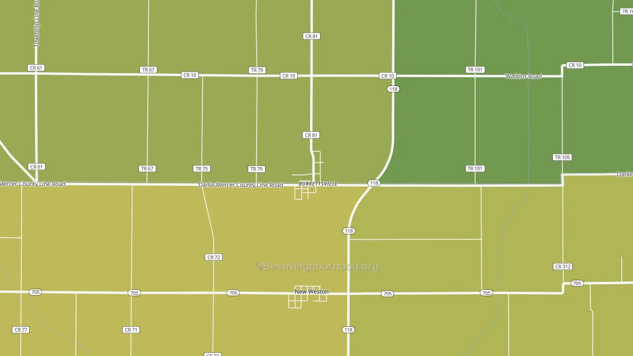 Map of the best neighborhoods in the 45310 area, with better matches in green and worse matches in red