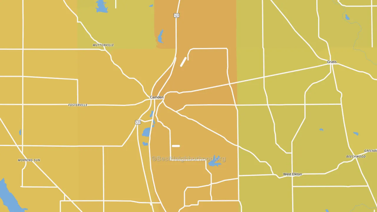 Map of the best neighborhoods in the 45311 area, with better matches in green and worse matches in red