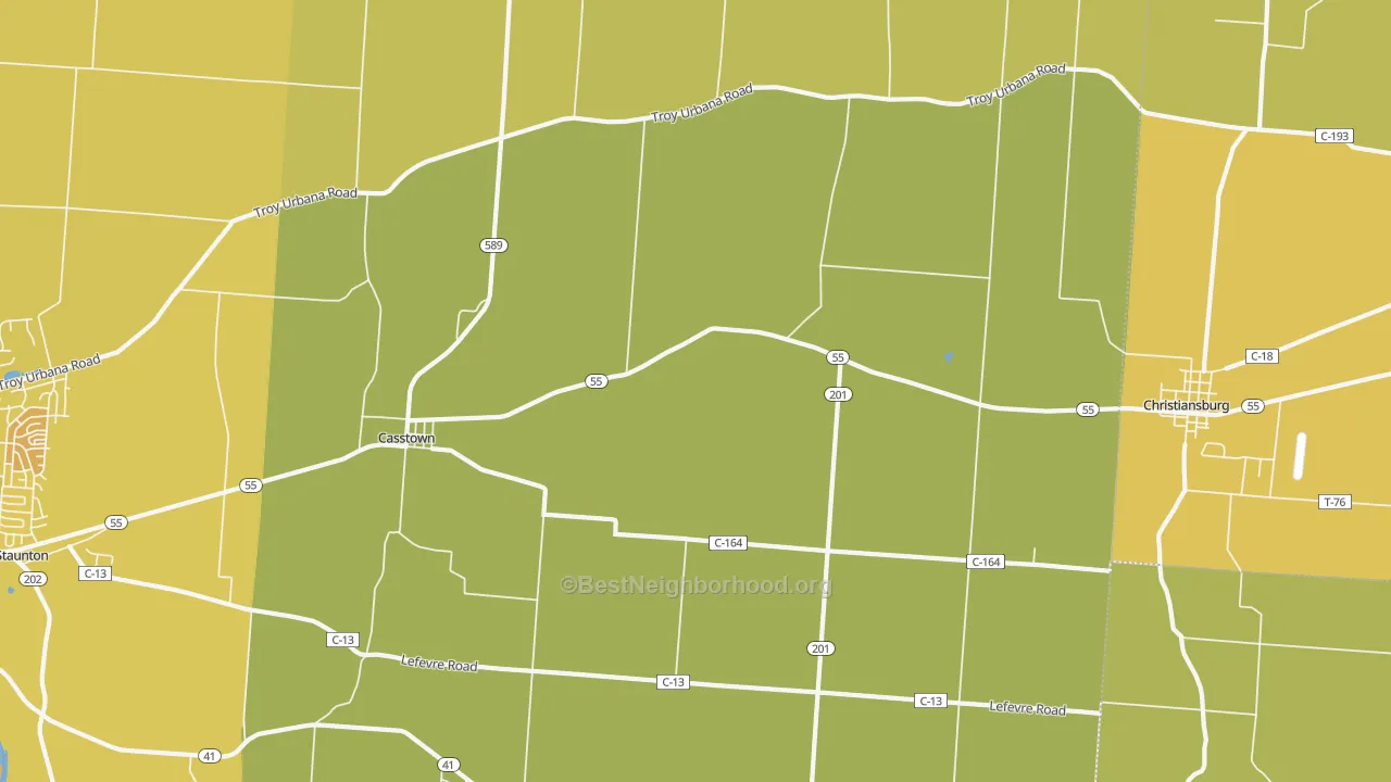 Map of the best neighborhoods in the 45312 area, with better matches in green and worse matches in red