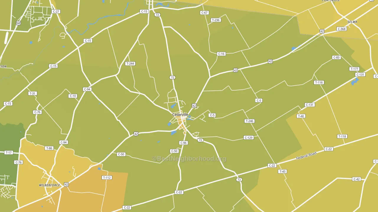 Map of the best neighborhoods in the 45314 area, with better matches in green and worse matches in red