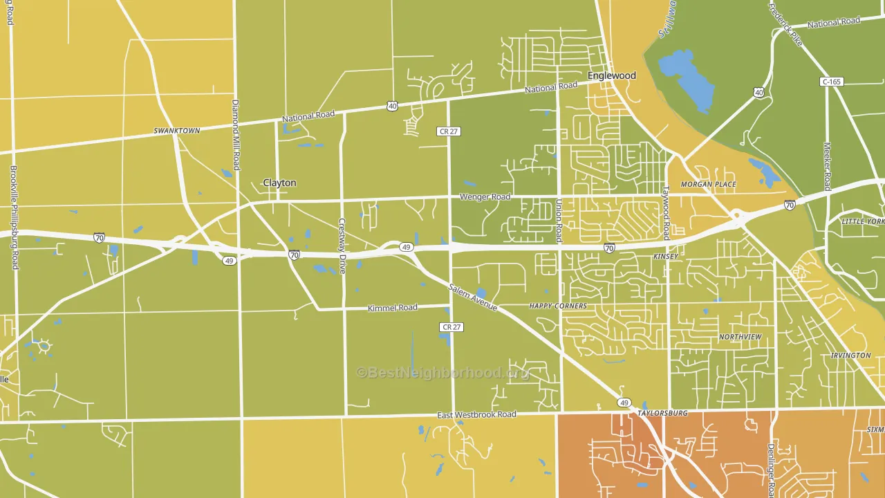 Map of the best neighborhoods in the 45315 area, with better matches in green and worse matches in red