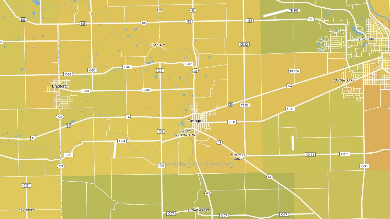 Map of the best neighborhoods in the 45318 area, with better matches in green and worse matches in red
