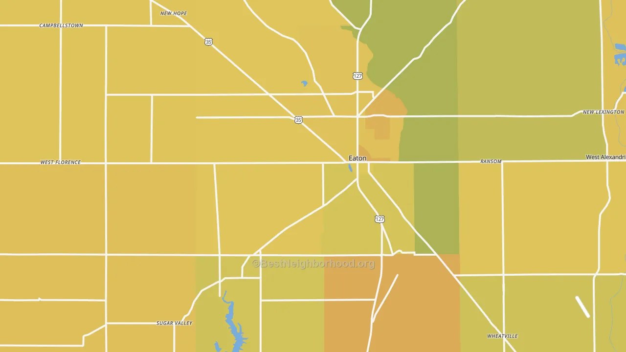 Map of the best neighborhoods in the 45320 area, with better matches in green and worse matches in red