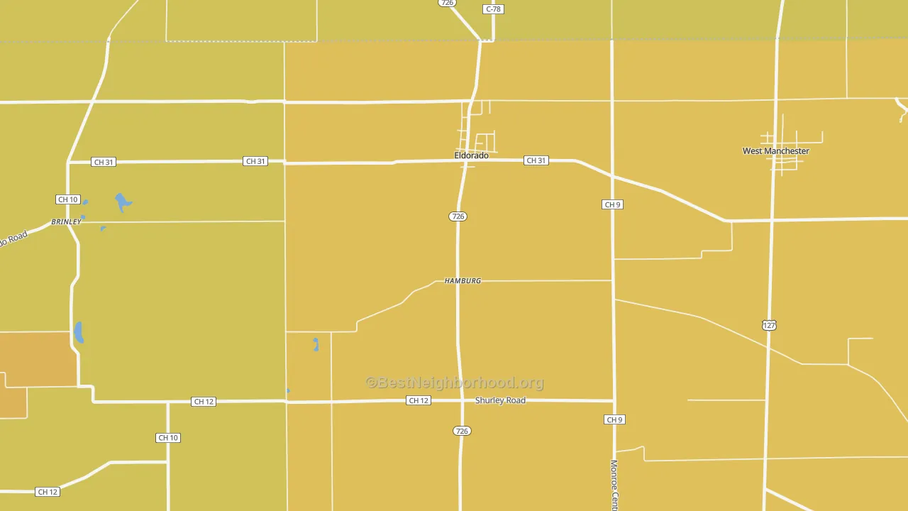 Map of the best neighborhoods in the 45321 area, with better matches in green and worse matches in red