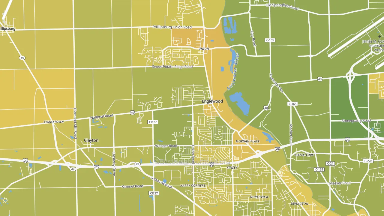 Map of the best neighborhoods in the 45322 area, with better matches in green and worse matches in red