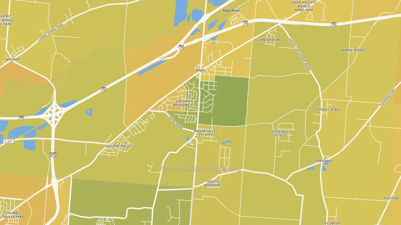 Map of the best neighborhoods in the 45323 area, with better matches in green and worse matches in red