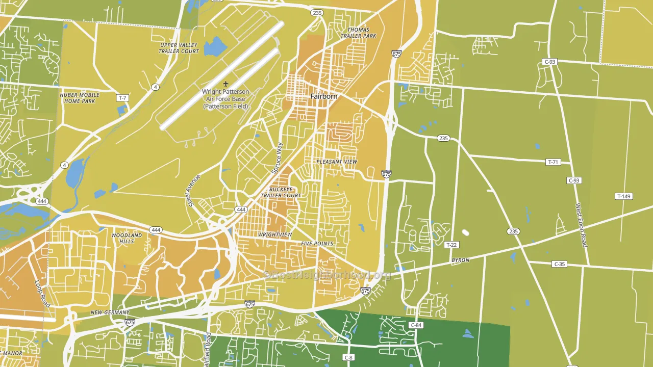 Map of the best neighborhoods in the 45324 area, with better matches in green and worse matches in red