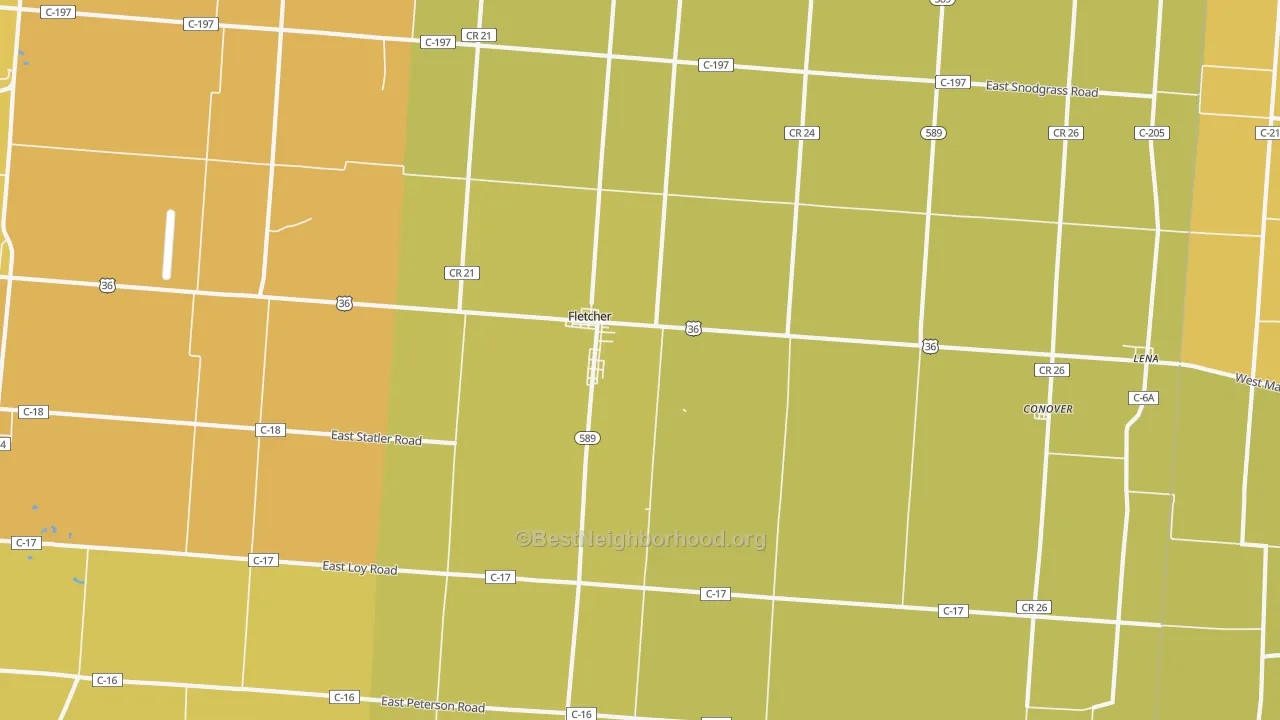 Map of the best neighborhoods in the 45326 area, with better matches in green and worse matches in red