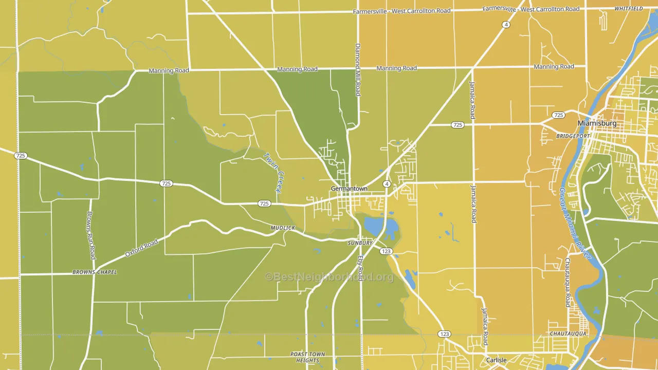 Map of the best neighborhoods in the 45327 area, with better matches in green and worse matches in red