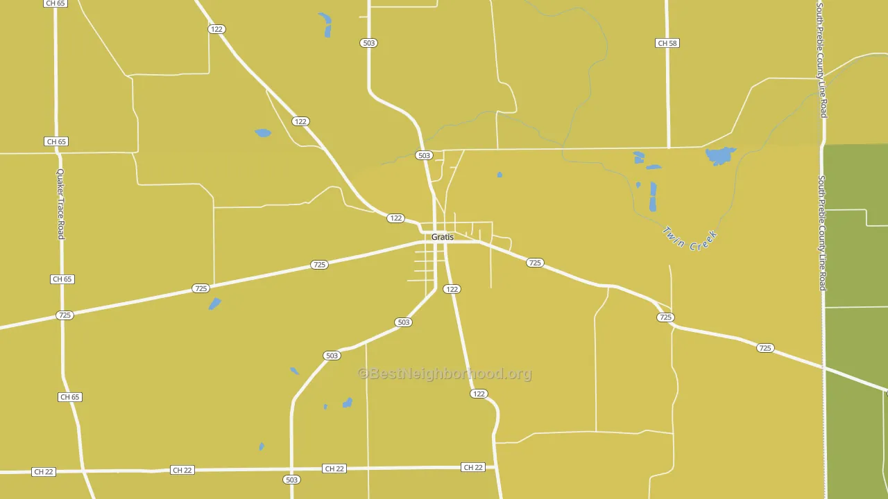 Map of the best neighborhoods in the 45330 area, with better matches in green and worse matches in red