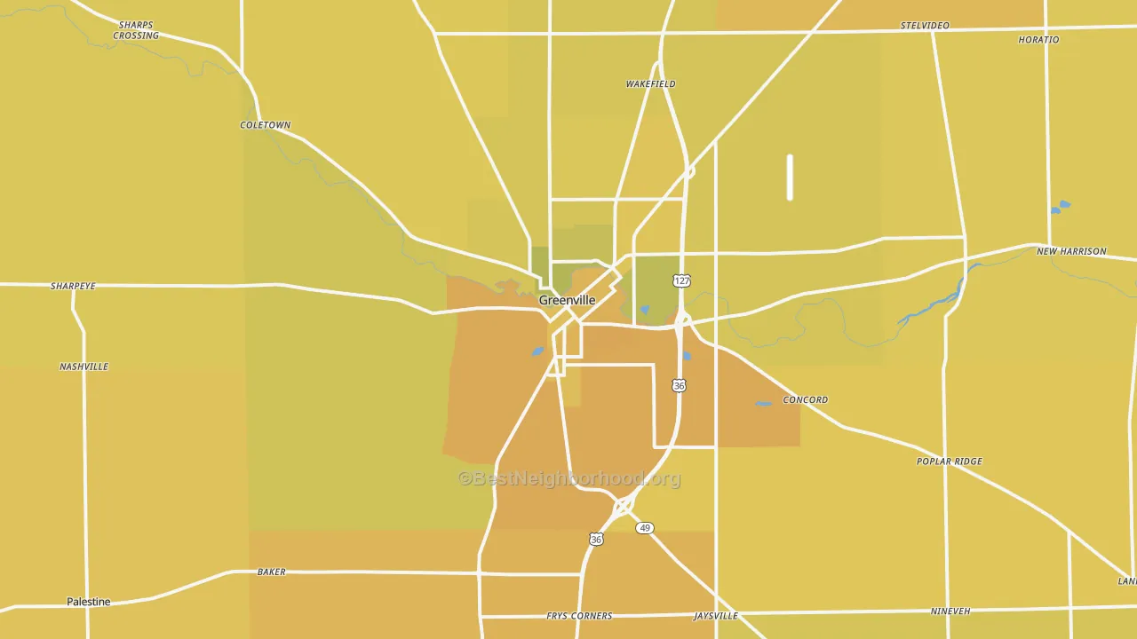 Map of the best neighborhoods in the 45331 area, with better matches in green and worse matches in red