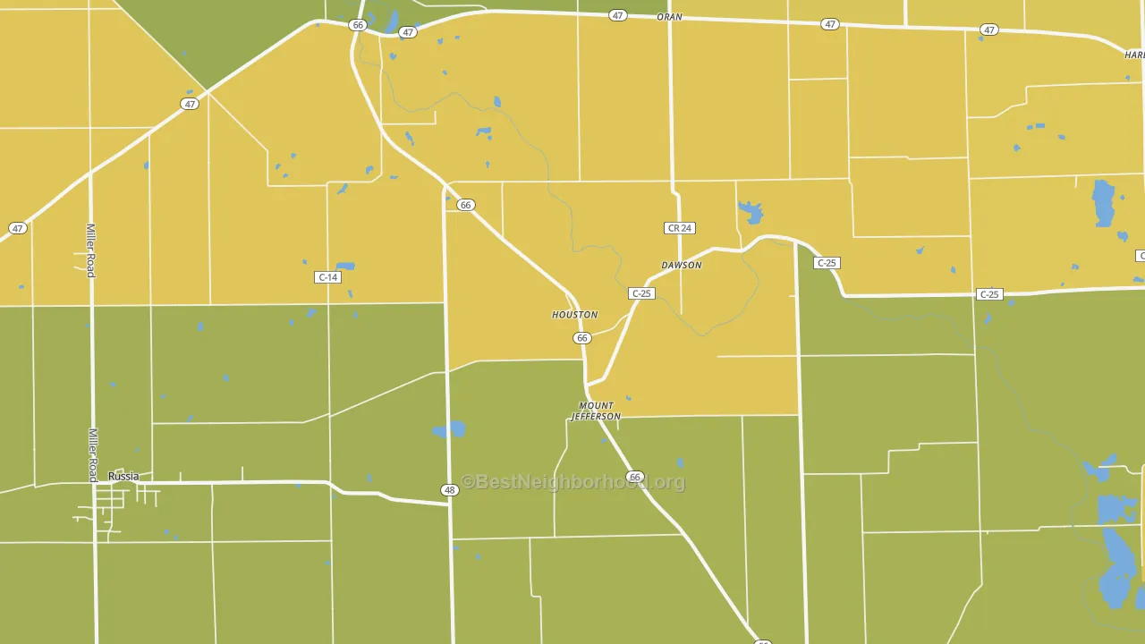 Map of the best neighborhoods in the 45333 area, with better matches in green and worse matches in red