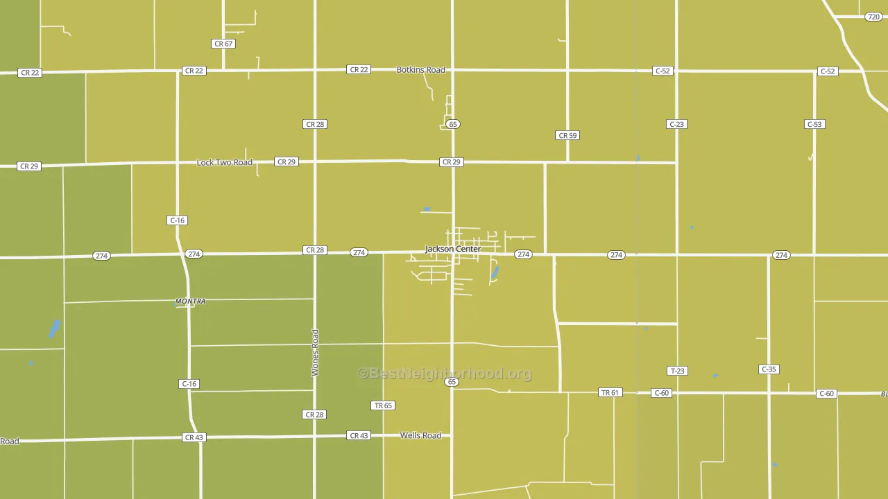 Map of the best neighborhoods in the 45334 area, with better matches in green and worse matches in red