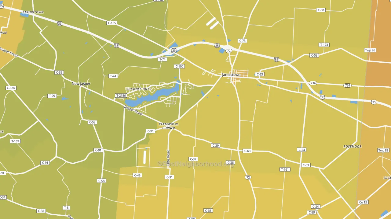 Map of the best neighborhoods in the 45335 area, with better matches in green and worse matches in red