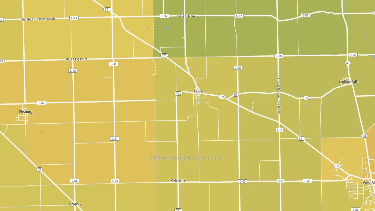 Map of the best neighborhoods in the 45337 area, with better matches in green and worse matches in red