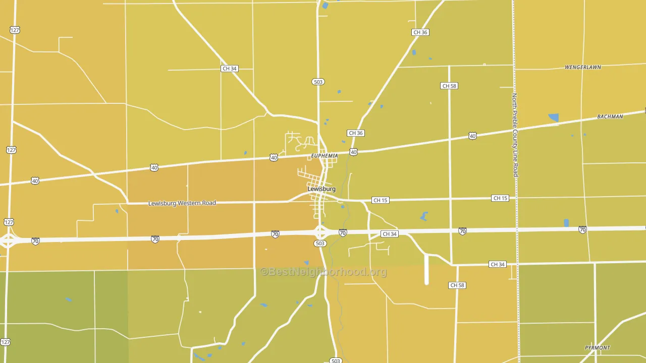 Map of the best neighborhoods in the 45338 area, with better matches in green and worse matches in red