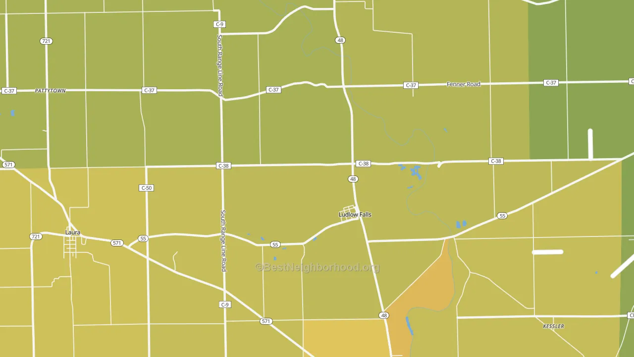 Map of the best neighborhoods in the 45339 area, with better matches in green and worse matches in red