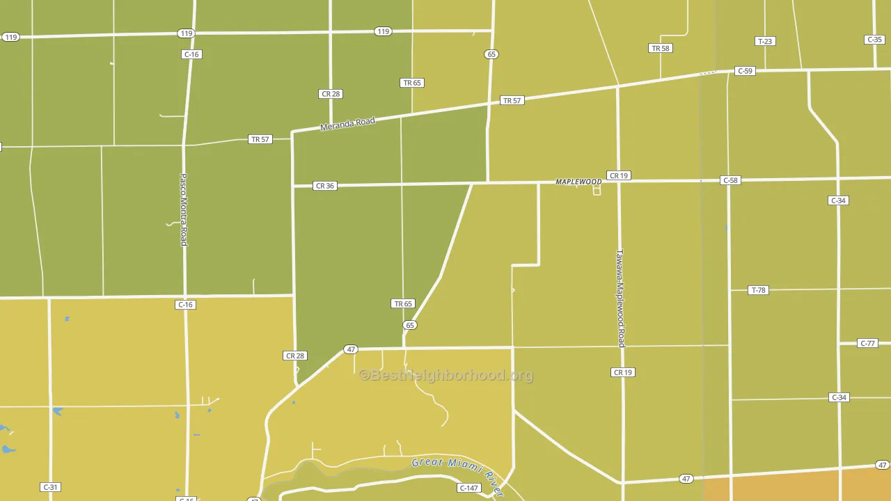 Map of the best neighborhoods in the 45340 area, with better matches in green and worse matches in red