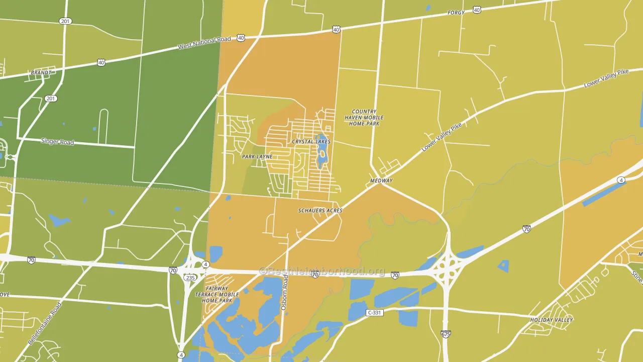 Map of the best neighborhoods in the 45341 area, with better matches in green and worse matches in red