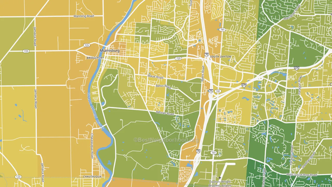 Map of the best neighborhoods in the 45342 area, with better matches in green and worse matches in red