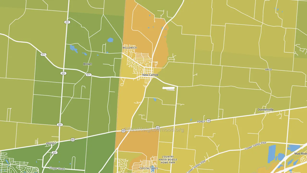 Map of the best neighborhoods in the 45344 area, with better matches in green and worse matches in red