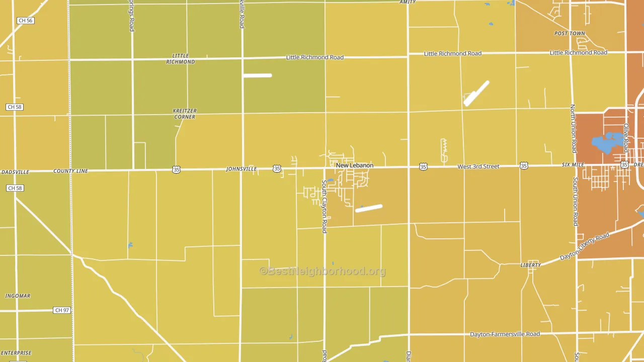 Map of the best neighborhoods in the 45345 area, with better matches in green and worse matches in red