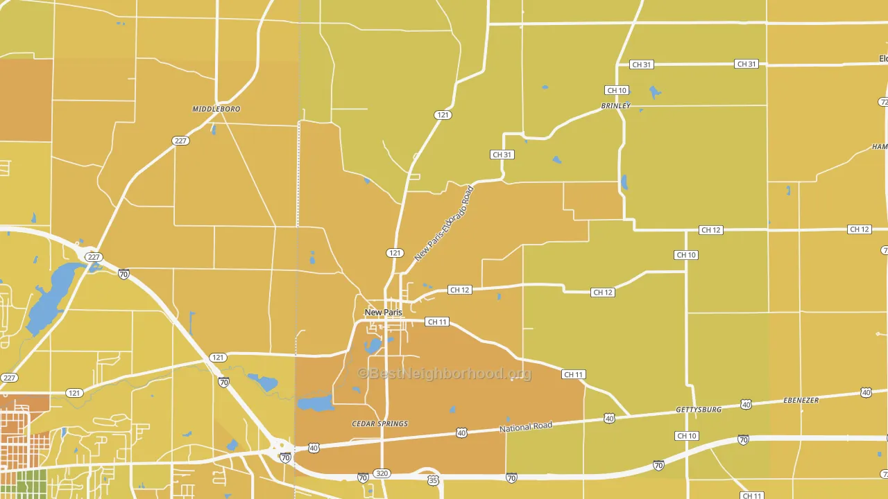 Map of the best neighborhoods in the 45347 area, with better matches in green and worse matches in red