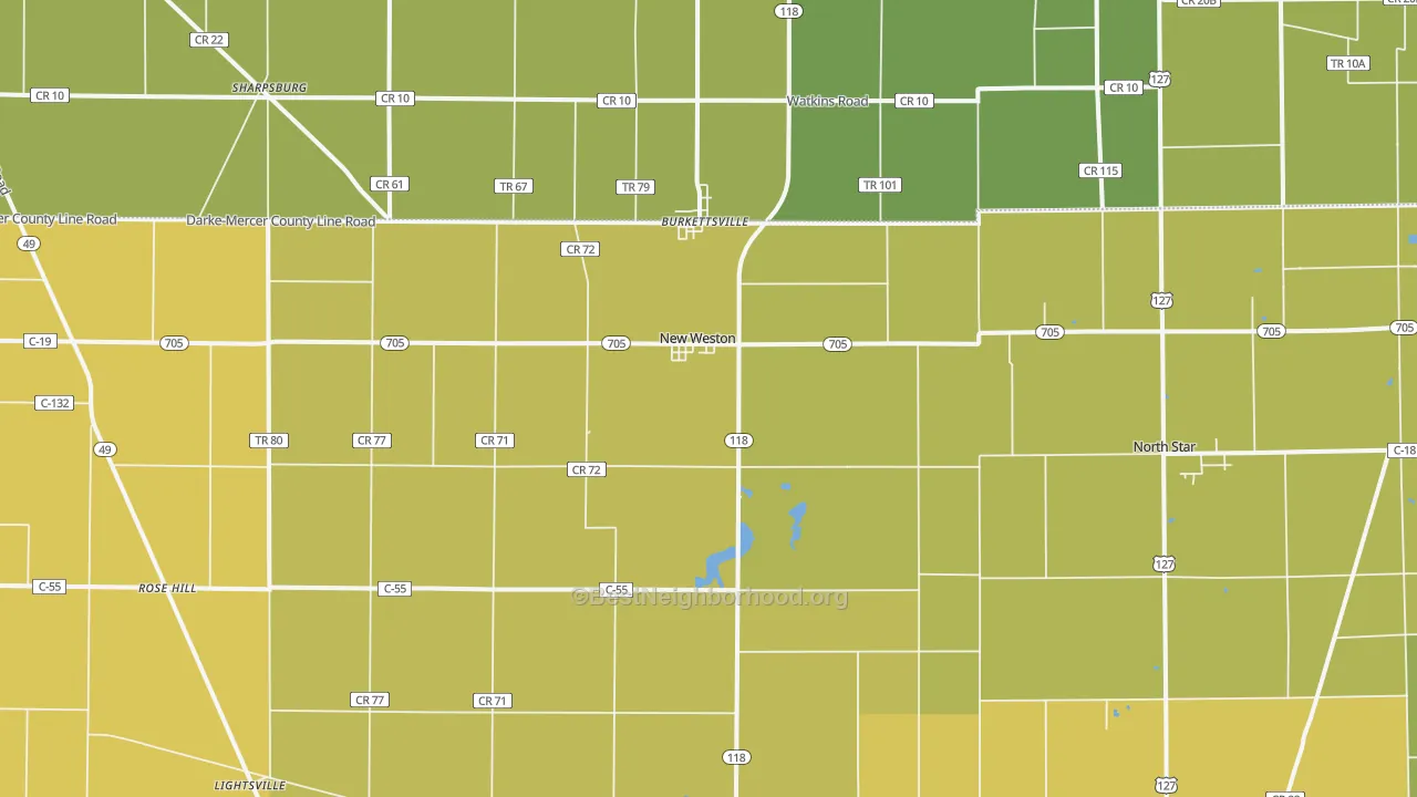 Map of the best neighborhoods in the 45348 area, with better matches in green and worse matches in red