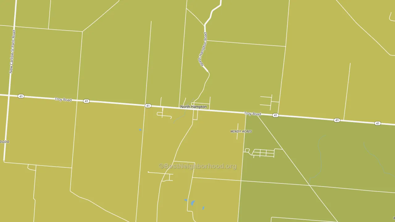 Map of the best neighborhoods in the 45349 area, with better matches in green and worse matches in red