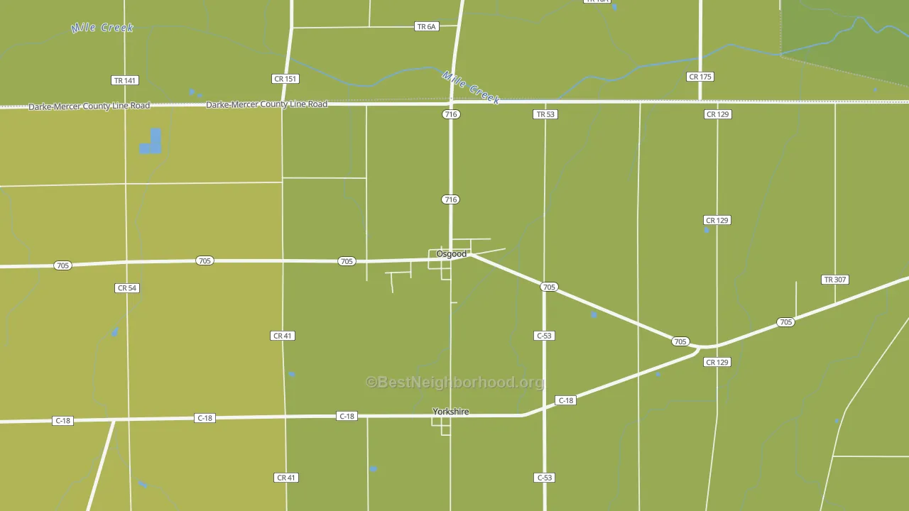 Map of the best neighborhoods in the 45351 area, with better matches in green and worse matches in red