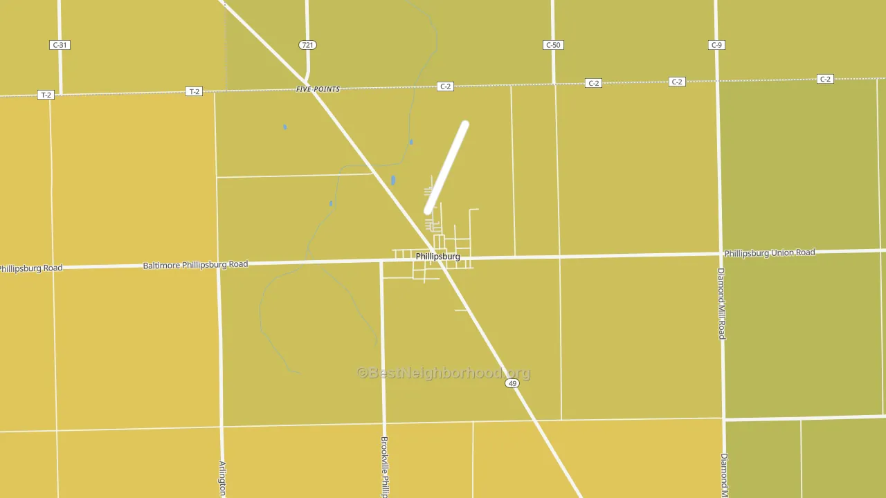 Map of the best neighborhoods in the 45354 area, with better matches in green and worse matches in red