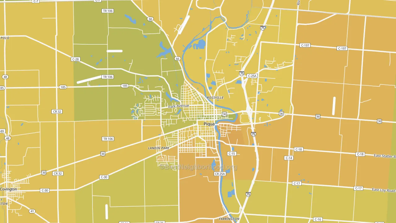 Map of the best neighborhoods in the 45356 area, with better matches in green and worse matches in red