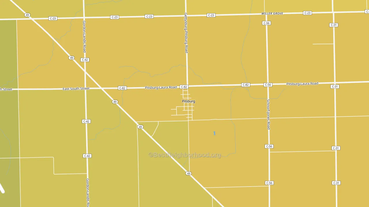 Map of the best neighborhoods in the 45358 area, with better matches in green and worse matches in red