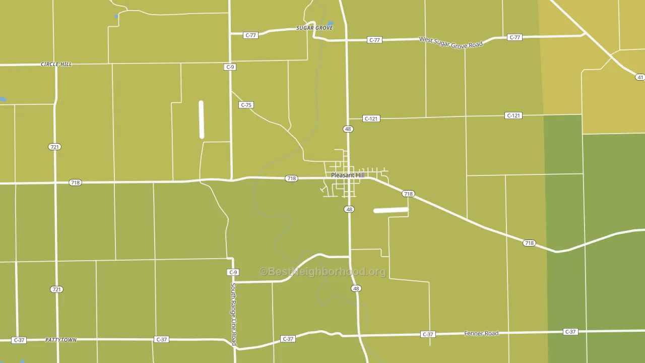 Map of the best neighborhoods in the 45359 area, with better matches in green and worse matches in red