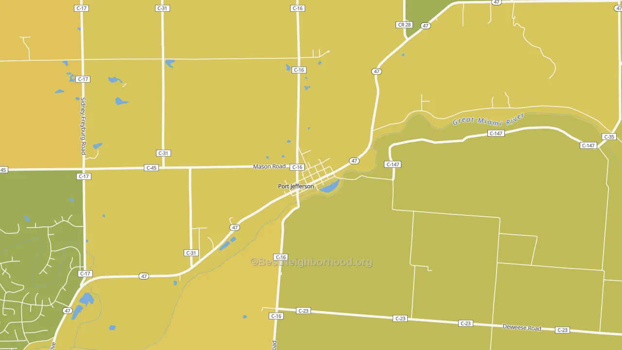 Map of the best neighborhoods in the 45360 area, with better matches in green and worse matches in red