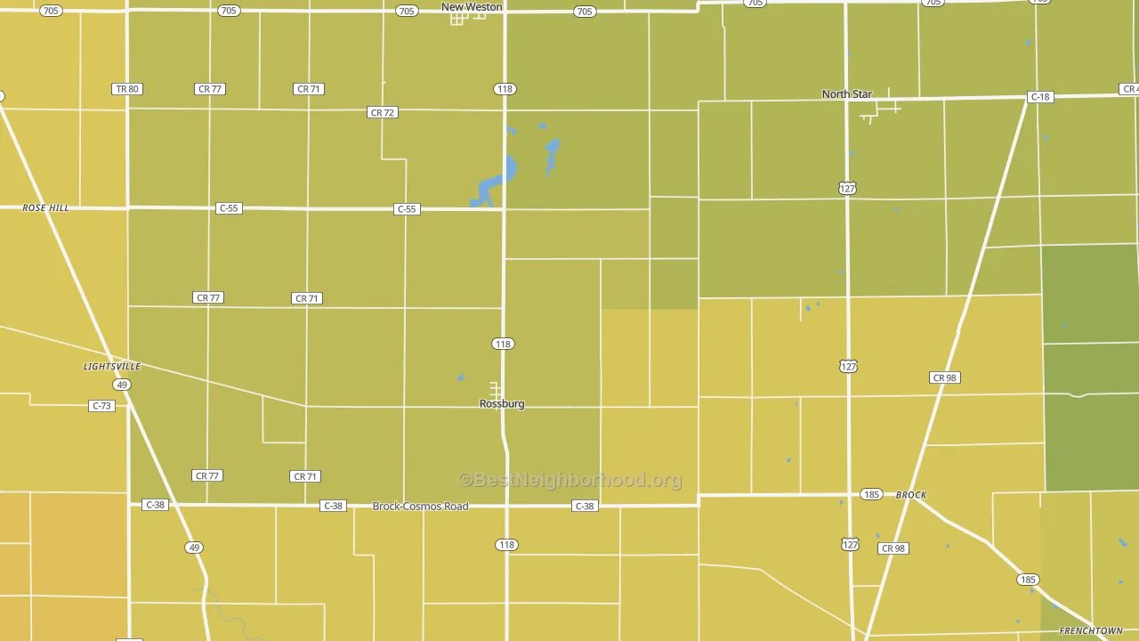Map of the best neighborhoods in the 45362 area, with better matches in green and worse matches in red