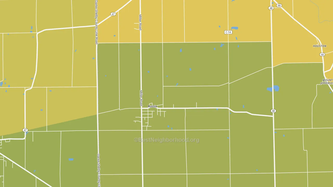 Map of the best neighborhoods in the 45363 area, with better matches in green and worse matches in red