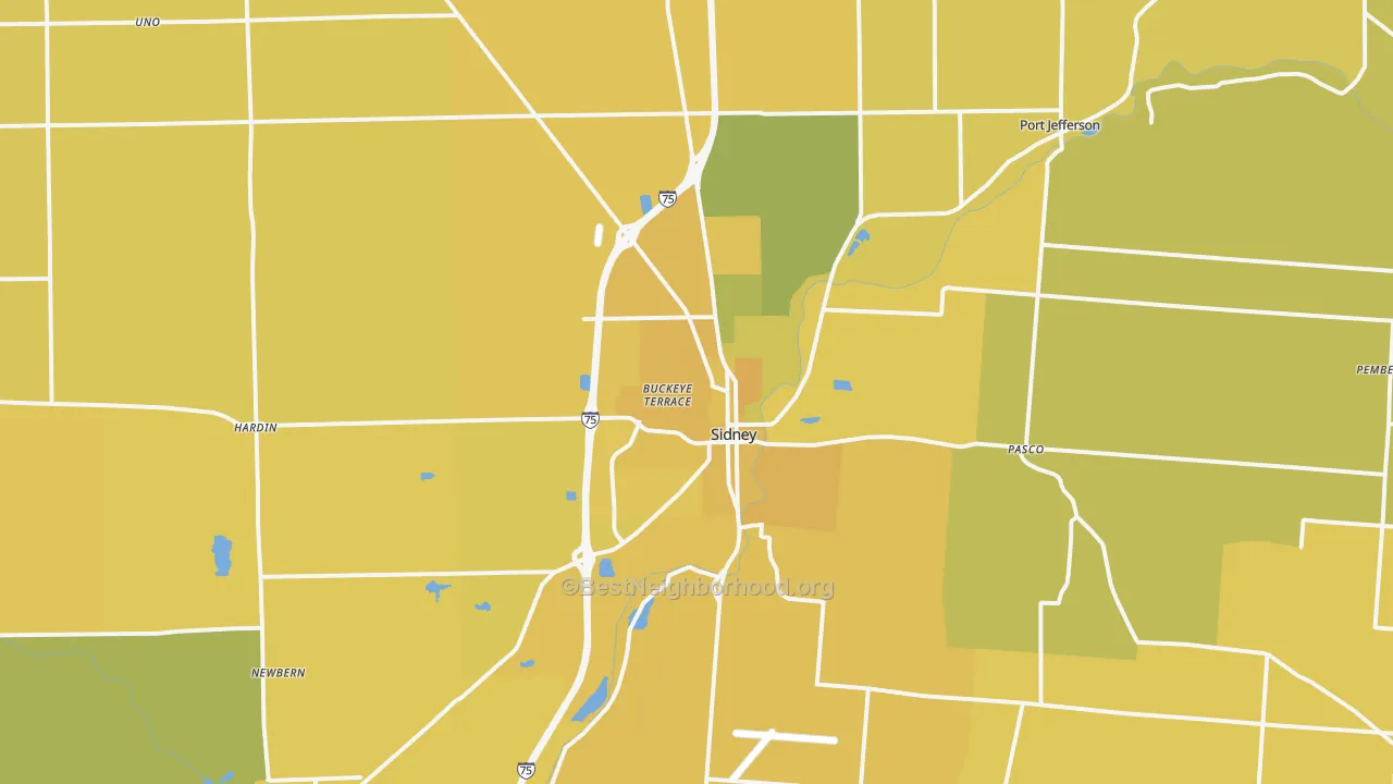 Map of the best neighborhoods in the 45365 area, with better matches in green and worse matches in red