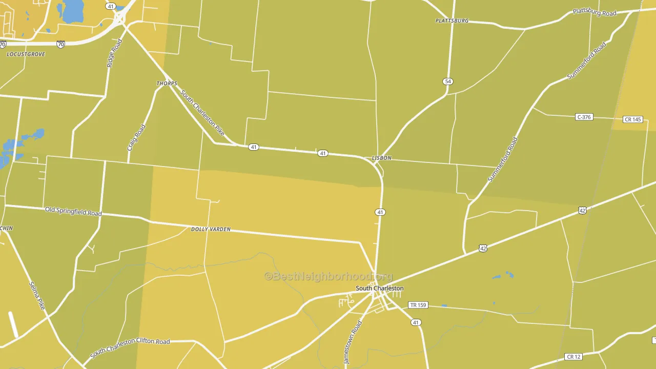 Map of the best neighborhoods in the 45368 area, with better matches in green and worse matches in red
