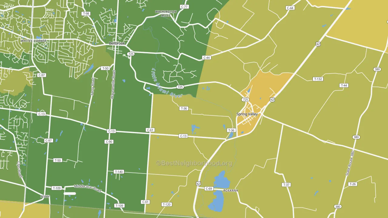 Map of the best neighborhoods in the 45370 area, with better matches in green and worse matches in red