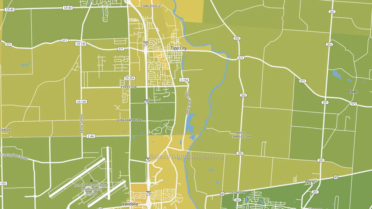 Map of the best neighborhoods in the 45371 area, with better matches in green and worse matches in red