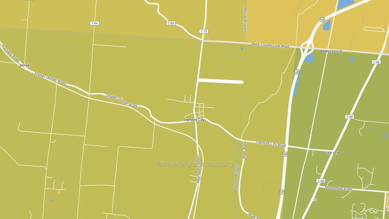 Map of the best neighborhoods in the 45372 area, with better matches in green and worse matches in red